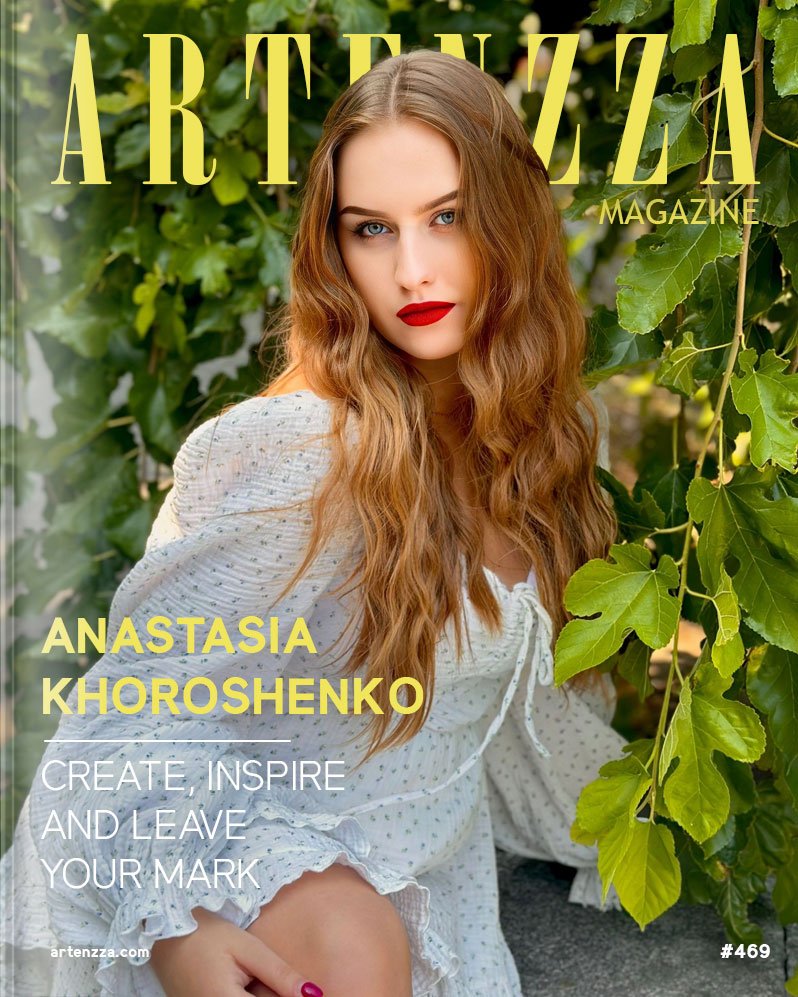 Cover of Artenzza magazine featuring Anastasia, a self-taught artist and graphic designer from Odesa, Ukraine. The cover showcases her unique artistic style and creativity, highlighting her journey from overcoming psoriasis to becoming an inspiring global artist. The image reflects Anastasia's passion for art and her philosophy of 'Love, create, and inspire.' Discover her latest works and artistic adventures on Artenzza