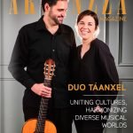 Táanxel classical guitar and piano duo cover for Artenzza online magazine, featuring global performances in Lithuania, Sweden, Poland, Spain, and Mexico, exploring diverse repertoire and unique soundscapes