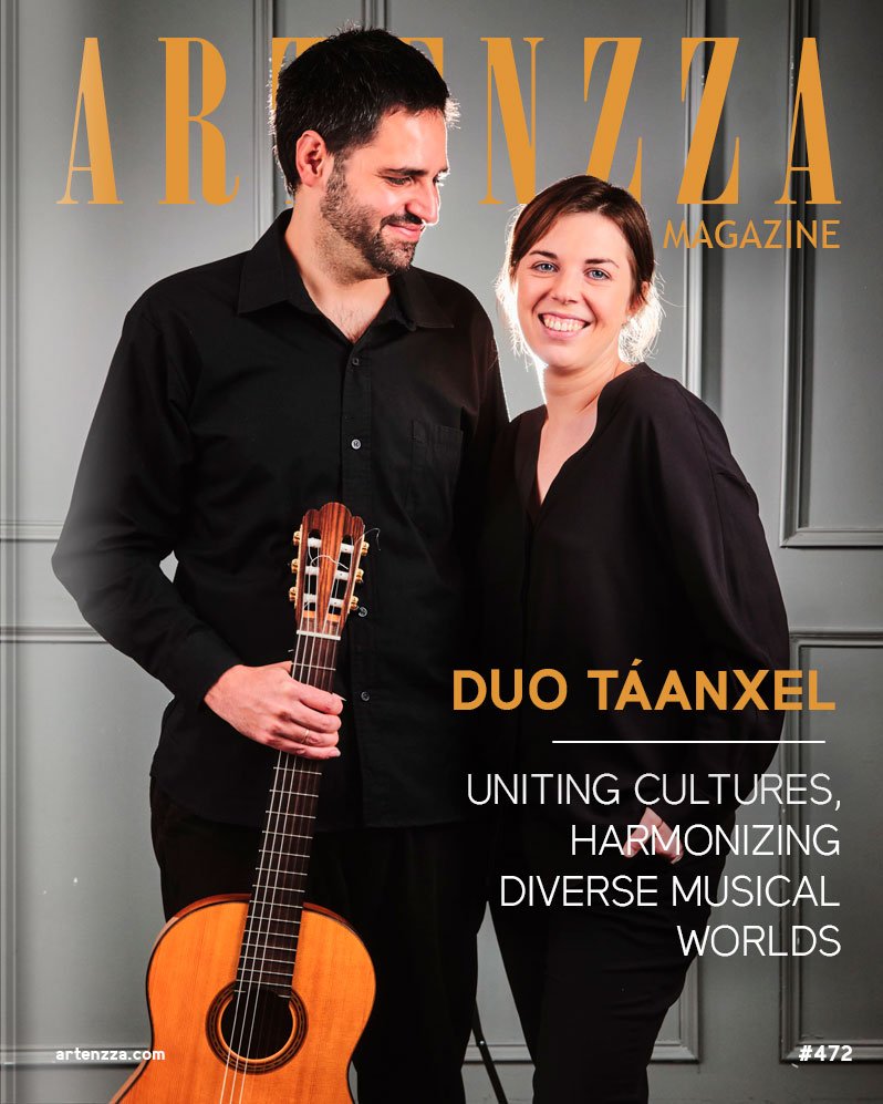 Táanxel classical guitar and piano duo cover for Artenzza online magazine, featuring global performances in Lithuania, Sweden, Poland, Spain, and Mexico, exploring diverse repertoire and unique soundscapes