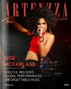 Magazine cover featuring London-born singer and guitarist Gigi McFarlane, showcasing her versatile performances and musical journey