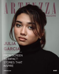 Julia Garcia on Artenzza magazine cover, young actress and producer, promoting her career in acting, producing films, and advocacy for childhood cancer