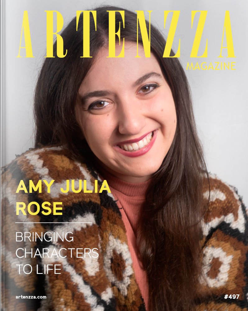 Magazine cover featuring Amy Julia Rose, a Toronto-born actor, musician, writer, artist, and dancer, showcasing her interview about her artistic journey, acting career, and creative work with Artenzza magazine