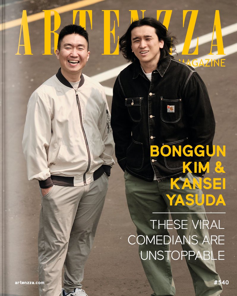 Artenzza magazine cover featuring stand-up comedians Bonggun Kim and Kansei Yasuda, rising stars in the Toronto comedy scene, known for Canada's Got Talent and Kill Tony appearances